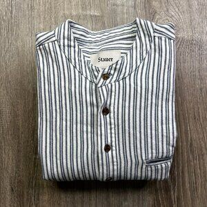 Stauer Shirt Mens L Large Blue Pinstripe Grandfather Popover Collarless Irish